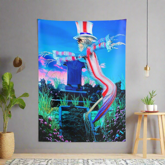 Psychedelic Uncle Sam dancing skeleton Wall Tapestry